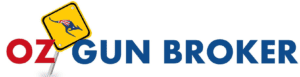 oz gun broker logo, blue lettering with a road sign with a silhouette of a kangaroo in the sign