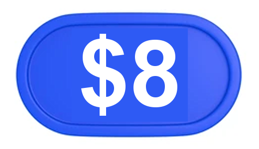 image containing white text on a blue background that says, 8 dollars.